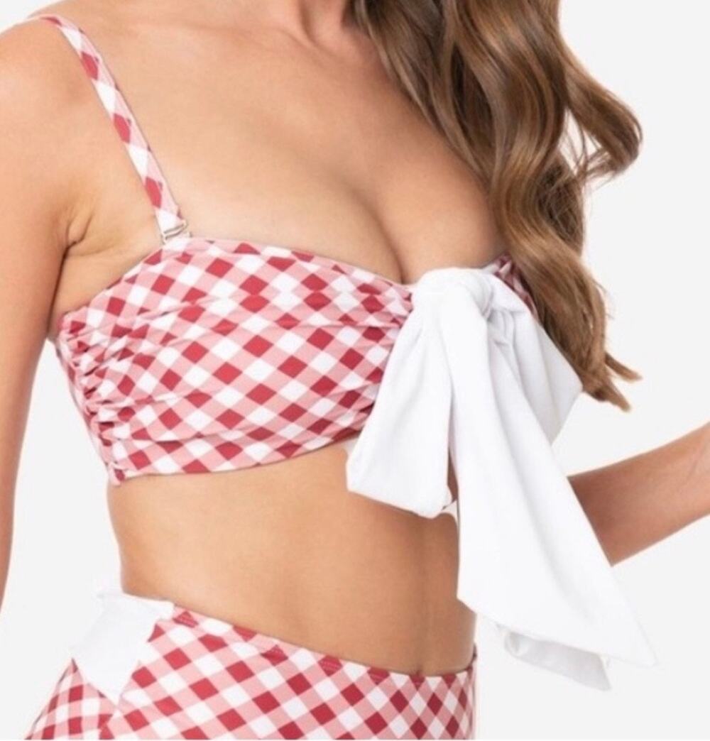 Unique Vintage Retro Red White Gingham Rialto Swim Bikini Top XS NWOT